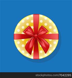 Round yellow dotted Gift box. Top view. Golden and red bow ribbons. Christmas, New Year, birthday, anniversary, holiday box. Vector.
