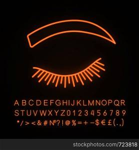 Rounded eyebrow shape neon light icon. Arched eyebrows. Brows shaping by tattooing. Closed woman eye. Glowing sign with alphabet, numbers and symbols. Vector isolated illustration. Rounded eyebrow shape neon light icon