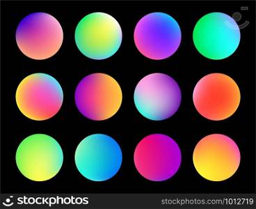 Rounded holographic gradient sphere button. Multicolor fluid circle gradients, colorful soft round buttons or vivid color spheres flat vector set