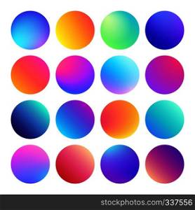 Rounded holographic gradient sphere button. Multicolor green purple yellow orange pink cyan fluid circle gradients, colorful soft round buttons or vivid color spheres flat vector set. Rounded holographic gradient sphere button. Multicolor fluid circle gradients, colorful round buttons or vivid color spheres vector set