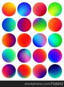 Rounded holographic gradient sphere button. Multicolor green purple yellow orange pink cyan fluid circle gradients, colorful soft round buttons or vivid color spheres flat vector set. Rounded holographic gradient sphere button. Multicolor fluid circle gradients, colorful soft round buttons or vivid color spheres flat vector set