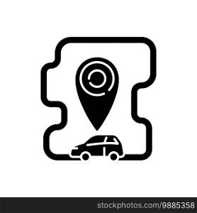 Roundtrip carsharing black glyph icon. Model of car rental where people rent cars for short periods of time. Get automobile for hour. Silhouette symbol on white space. Vector isolated illustration. Roundtrip carsharing black glyph icon