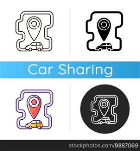 Roundtrip carsharing icon. Model of car rental where people rent cars for short periods of time. Get automobile for hour. Linear black and RGB color styles. Isolated vector illustrations. Roundtrip carsharing icon