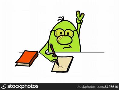 Roundy cartoon character answering the question and writing, vector illustration
