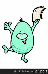 Roundy cartoon character jumping from joy and holding paper, vector illustration