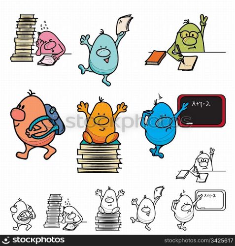 Roundy cartoon character school set color and line art, vector illustration