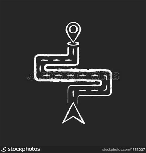 Route chalk white icon on black background. Modern GPS technology, path finding technology. Road with current location indicator and destination marker isolated vector chalkboard illustration. Route chalk white icon on black background