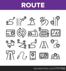 Route Gps Navigator Collection Icons Set Vector. Route Direction, Electronic Map Car Device And Phone App, Navigation Position And Pin Concept Linear Pictograms. Monochrome Contour Illustrations. Route Gps Navigator Collection Icons Set Vector