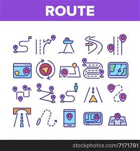 Route Gps Navigator Collection Icons Set Vector. Route Direction, Electronic Map Car Device And Phone App, Navigation Position And Pin Concept Linear Pictograms. Color Contour Illustrations. Route Gps Navigator Collection Icons Set Vector