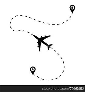 route of the aircraft from point a to point B. the silhouette of the plane and the dotted line of the route a simple design.