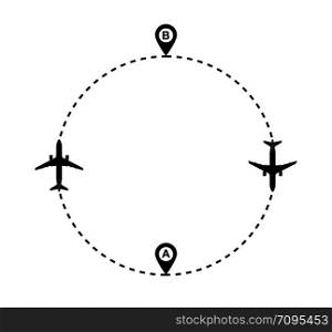 route of the aircraft from point a to point B. the silhouette of the plane and the dotted line of the route a simple design.