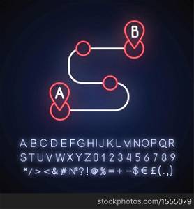 Route planning neon light icon. Driving safety precaution, GPS navigation system. Outer glowing effect. Sign with alphabet, numbers and symbols. Vector isolated RGB color illustration. Route planning neon light icon