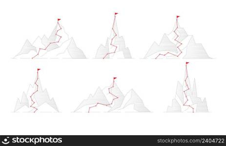 Route to mountain. Business activity concept pictures successful journey destination climbing adventures to goal planning trip to hills peak recent vector set. Illustration of adventure route high. Route to mountain. Business activity concept pictures successful journey destination climbing adventures to goal planning trip to hills peak recent vector set