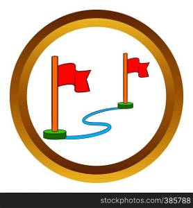 Route with a locator flags vector icon in golden circle, cartoon style isolated on white background. Route with a locator flags vector icon