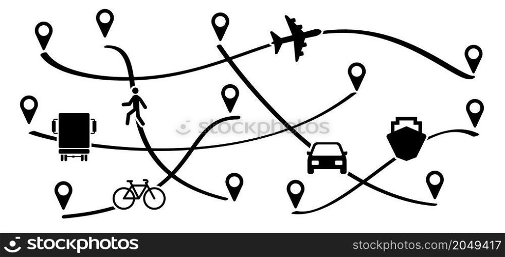 Route with start point GPS. Truck, plane, ship, bike, car and walking person. Cargo delivery, business concept. Vector transport pin location sign. Line path of transportation.