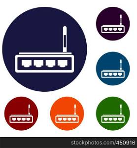 Router icons set in flat circle reb, blue and green color for web. Router icons set