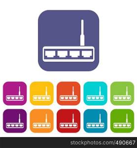 Router icons set vector illustration in flat style in colors red, blue, green, and other. Router icons set