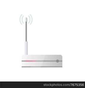 Router with antenna vector, modem for sharing connection, internet signal isolated icon in flat style. Modern object for comfortable browsing and work. Modem Router Object for Internet Connection Icon