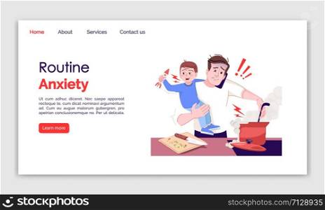 Routine anxiety landing page vector template. Everyday stress website interface idea, flat illustrations. Single parent homepage layout. Household work. Parenting web banner, webpage cartoon concept