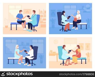 Routine doctor appointment flat color vector illustrations set. Visiting health center and local hospital. Patient and physician 2D cartoon characters collection with consulting room on background. Routine doctor appointment flat color vector illustrations set