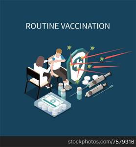 Routine vaccination isometric background with medical syringes ampoules with vaccine doctor and patient vector illustration