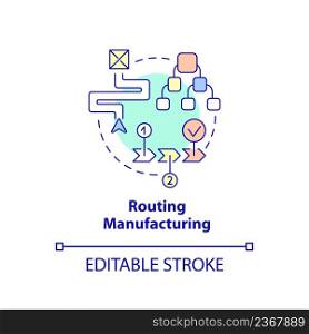 Routing manufacturing concept icon. Step by step process. Production stage abstract idea thin line illustration. Isolated outline drawing. Editable stroke. Arial, Myriad Pro-Bold fonts used. Routing manufacturing concept icon