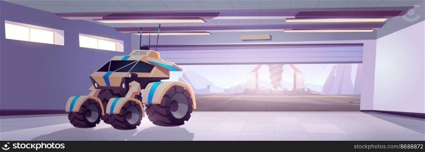 Rover in hangar on alien planet surface with drilling rig. Vector cartoon fantasy illustration of cosmos investigation with garage interior with explorer robot and derrick with auger outside. Rover in hangar and drilling rig outside