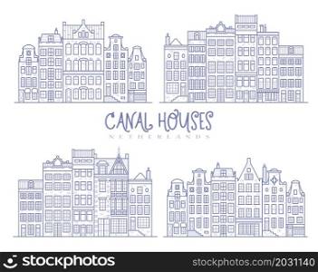 Row Amsterdam houses. Facades of European old buildings in Scandinavian style. Holland homes. Vector set