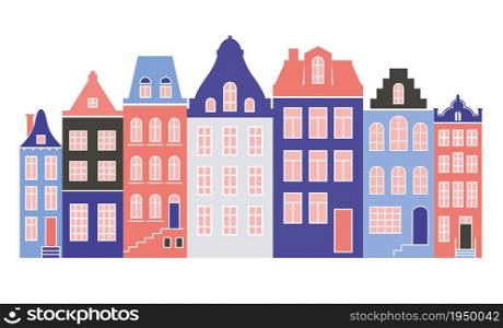 Row of Amsterdam style houses. Facades of European old buildings for Christmas decoration. Vector flat illustration.. Row of Amsterdam style houses. Facades of European old buildings for Christmas decoration. Vector flat illustration
