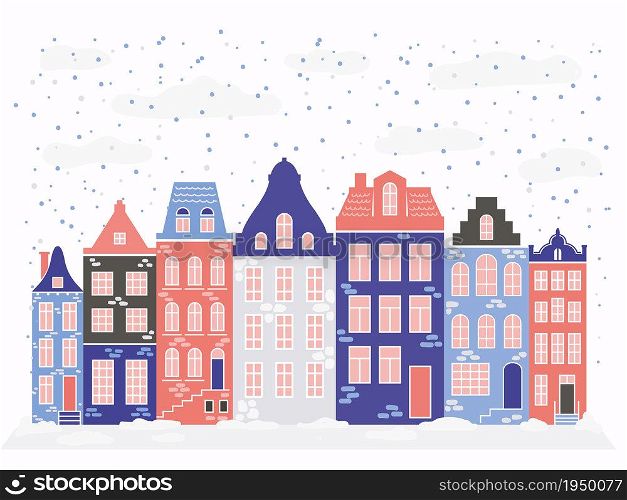 Row of Amsterdam style houses. Facades of European old buildings for Christmas decoration. Vector flat illustration