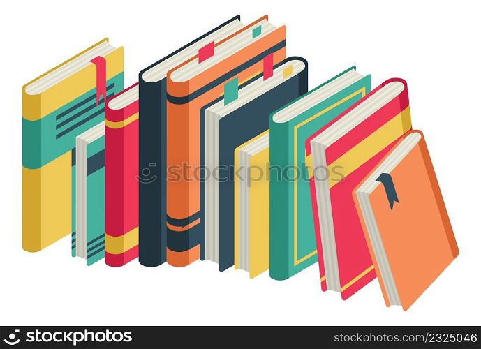 Row of books. Home library with different color covers isolated on white background. Row of books. Home library with different color covers