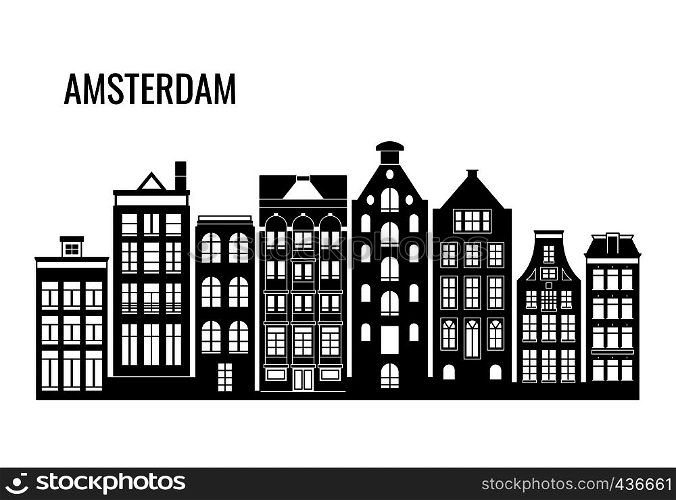 Row of old typical amsterdam houses vector silhouettes. Illustration of building amsterdam facade, architecture cityscape. Row of old typical amsterdam houses vector silhouettes