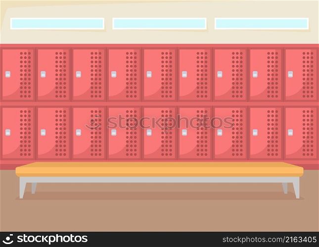 Row of school lockers flat color vector illustration. Corridor with benches. Closet space for gym class. Tidy wardrobe area 2D cartoon interior with closed storage shelves on background. Row of school lockers flat color vector illustration