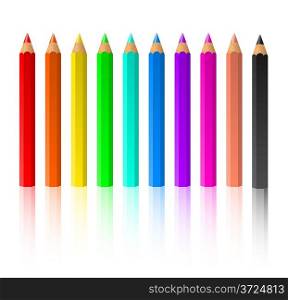 Row of standing color pencils isolated on white background