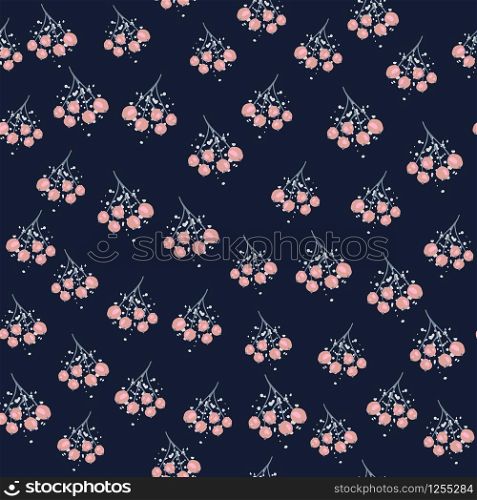 Rowan berry and leaf seamless pattern on black background. Botanical wallpaper. Textile print design. Design for fabric, textile print, wrapping paper, kitchen textiles. Vector illustration. Rowan berry and leaf seamless pattern on black background. Botanical wallpaper.