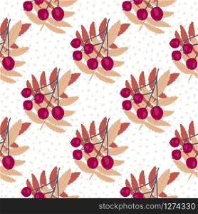 Rowan seamless pattern on dots background. Floral backdrop. Botanical wallpaper. Textile print design. Design for fabric, textile print, wrapping paper, kitchen textiles. Vector illustration. Rowan seamless pattern on dots background. Floral backdrop.