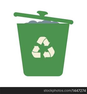 ?rowded full geen recycle bins with recycle symbol. Vector garbage trash can isolated sign. Recycling junk basket garbage sign symbol. Delete bin set illustration eps 10 icons.