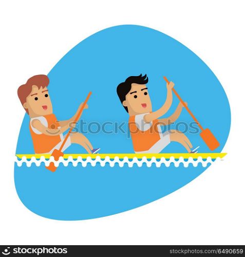 Rowing Sport template. Summer games. Rowing sport template. Summer games banner. Competitions, achievements, best results. Act of propelling a boat using the motion of oars in the water. Cartoon characters. Vector illustration