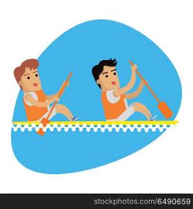 Rowing Sport template. Summer games. Rowing sport template. Summer games banner. Competitions, achievements, best results. Act of propelling a boat using the motion of oars in the water. Cartoon characters. Vector illustration