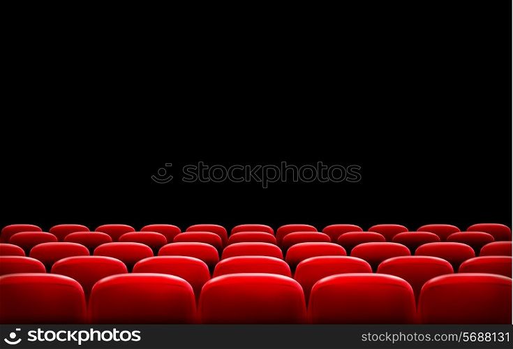 Rows of red cinema or theater seats in front of black screen with sample text space. Vector.