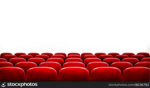 Rows of red cinema or theater seats in front of white blank screen with sample text space. Vector.