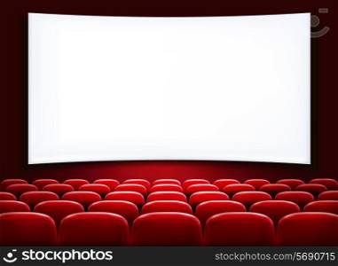 Rows of red cinema or theater seats in front of white blank screen. Vector.