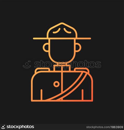 Royal canadian mounted police gradient vector icon for dark theme. Rider traditional scarlet uniform. Police service. Thin line color symbol. Modern style pictogram. Vector isolated outline drawing. Royal canadian mounted police gradient vector icon for dark theme