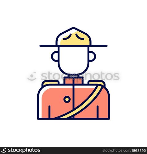Royal canadian mounted police RGB color icon. Rider traditional scarlet uniform. Federal police service. Horse rider officer. Symbol of Canada. Isolated vector illustration. Simple filled line drawing. Royal canadian mounted police RGB color icon