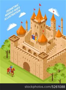 Royal Castle Composition. Isometric royal castle composition with rider on a brown horse and nature around vector illustration