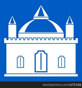 Royal castle icon white isolated on blue background vector illustration. Royal castle icon white