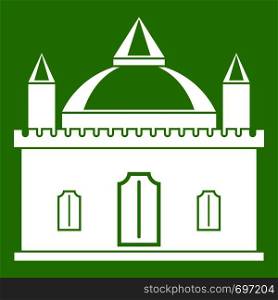 Royal castle icon white isolated on green background. Vector illustration. Royal castle icon green