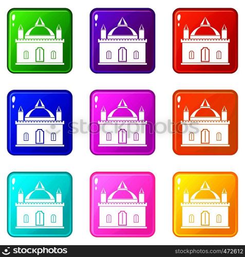Royal castle icons of 9 color set isolated vector illustration. Royal castle icons 9 set