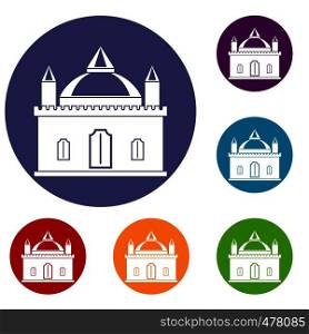 Royal castle icons set in flat circle red, blue and green color for web. Royal castle icons set