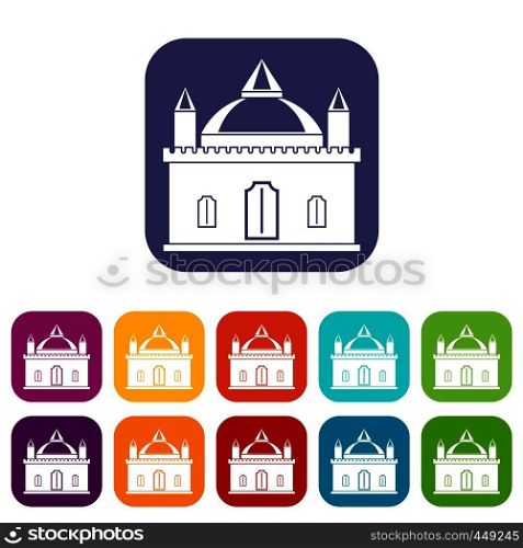 Royal castle icons set vector illustration in flat style In colors red, blue, green and other. Royal castle icons set flat